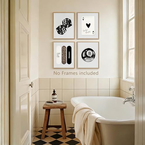 YUISLE Trendy Black and White Wall Art Posters, Leopard Preppy Room Decor, Aesthetic Dice Poster Prints for Teen Girl's Dorm Bedroom, 8x10 Inch, 4 PCS(Unframed)