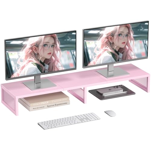 Dual Computer Monitor Stand Riser, Desk Organizers and Accessories, Printer & TV Stand, Desk Shelf, Office Desk Accessories & Desktop Workspace Organizer for Office Supplies, Pink - color: Pink