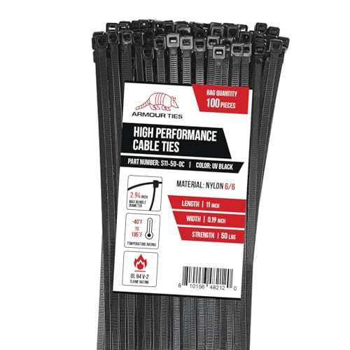 11-inch Black Zip Ties Heavy Duty UV Resistant Nylon Cable Ties, 50lb Tensile Strength, 100-Pack - Durable Wire Ties, Heavy Duty Tie Straps Indoor and Outdoor Cable Management Solution by ARMOUR TIES - size: 11 Inch