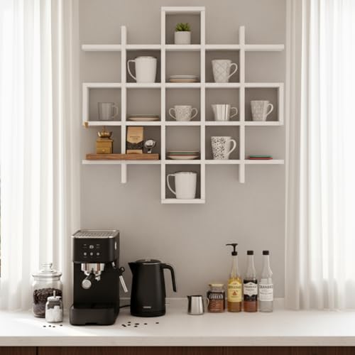 Suzile Oversize Coffee Mug Display Rack Wooden Display Shelves Rustic Wooden Floating Curio Shelf Travel Wall Mounted Coffee Mug Rack Holder Shadow Box Shelf(5.1x5.1x3in,White) - color: White