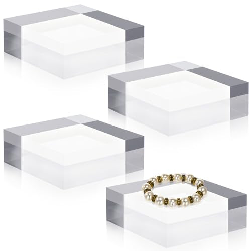 Qunclay 4 Pcs 4 x 4 x 2 Inches Acrylic Square Display Block Clear Polished Acrylic Cubes Jewelry Display Stand for Jewelry Ring Showcase Holder Base Collections - size: 4 x 4 x 2 Inches