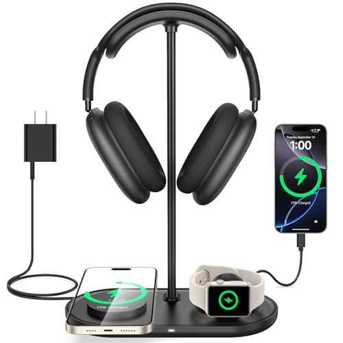 Airpod Max Charger Stand with 15W Wireless Charger, 4 in 1 Headphone Stand | Headset Holder for AirPods Max 2/Pro/iWatch/Vision Pro, Charging for iPhone 17/16/15/14/13/12/11/X, Aluminum Alloy Rod, Black - color: Dark Black