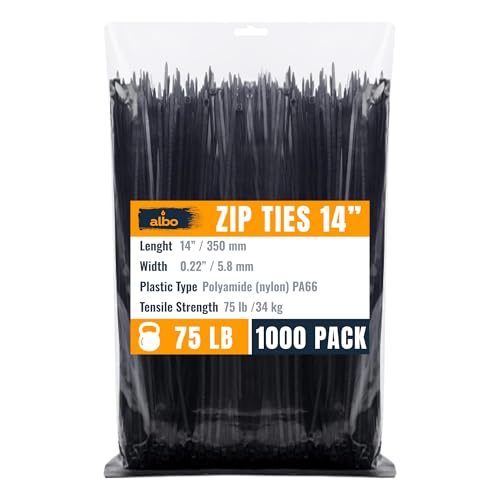 ALBO Black Zip Ties 14 Inch Plastic Cable Ties 1000 Pack Tie Wraps Heavy Duty 75lb UV Resistant Nylon Wire Ties - size: 14" Black 1000 Pack 75lb
