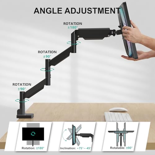 WALI Extra Long Single Monitor Arm for 17-38 inch Screens, up to 26.4 lbs | Tall Monitor Desk Mount, Full Motion with Tilt, Swivel, Rotation, C-Clamp/Grommet Base, VESA 75/100mm (GSMP001L), Black - size: 17" to 38"