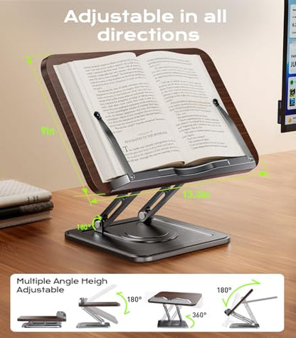 Book Stand for Reading, Adjustable Book Holder with 360°Rotating Bases, Ergonomic Cookbook Stand Recipe Book Holder with Elastic Page Clips for Magazines, Tablets, Laptops,Black - color: Black