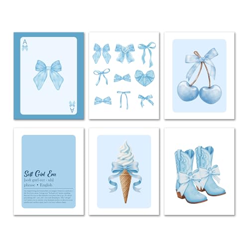 Isfvqyub Preppy Blue And White Cherry Wall Art, Aesthetic Cowgirl Boot Poster For Cowgirl Cowboy, Trendy Coquette Bow Ice Cream Wall Decor For Bedroom Dorm College Apartment, Set Of 6 -A08 - size: Blue And White Cherry