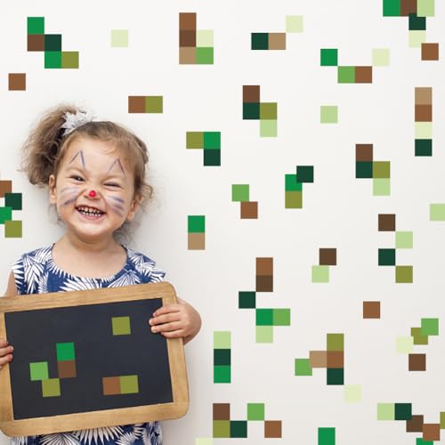 SUPERDANT 3Pcs Green Brown Pixel Blocks Wall Stickers Wall Decal Stickers for Walls Vinyl Art Sticker for Bedroom Living Room Playroom Decoration 37.7x11.8in