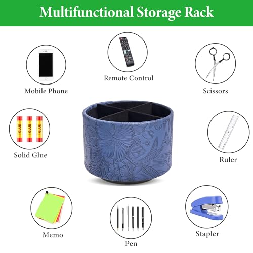 Round Leather Art Supply Organizer,Remote Control Holder,360 Degree Spinning,Multi-Functional Pencil Holder,4 Compartments Desktop Stationary Organizer(1-Carved Blue) - color: 1-Carved Blue