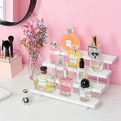 JACKCUBE Design Riser Display Shelf Stand, 4 Tier White Display Step for Amibo Funko POP Figures, Perfume, Nail Polish, Shot Glasses, Collectibles Organizer Wooden Stand Shelf for Decoration- MK921A