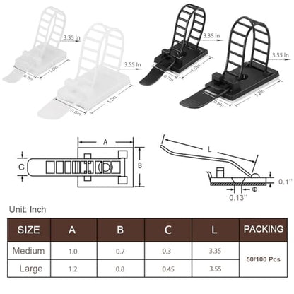 100Pcs Adhesive Cable Management Clips with 50Pcs Zip Ties, Adjustable Nylon Cable Strap Ties Wire Clips Clamps Organizer, Extra Screw & Hole - 3.35 Inch White - color: White, size: M-100pcs