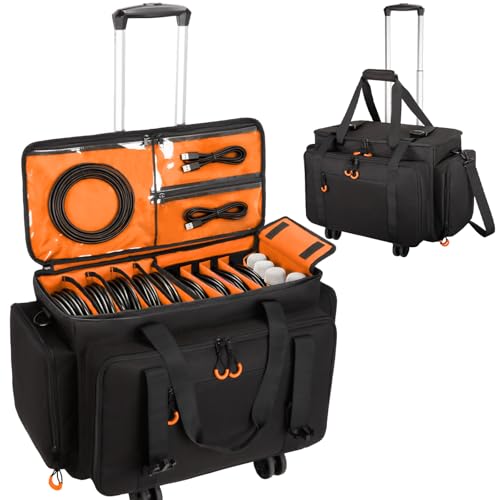 Rolling Dj Cable Bag with Laptop and Microphone Pocket, Dj Bag for Equipment and Music Accessories with Detachable Dividers, Bottom Pad, Dj Gig Bag for Musicians, Professional, Travel, Orange - color: Orange, style: Rolling Dj Cable Bag