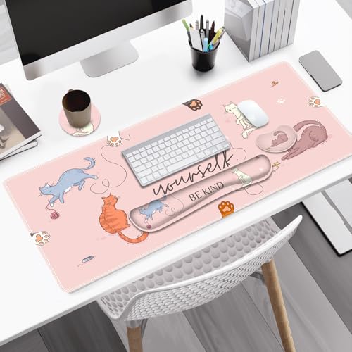 Large Gaming Mouse Pad Set, Pink Cats Ergonomics Keyboard Desk Mat with Memory Foam Wrist Rest, Extended Game Mousepad, Non-Slip Desk Pad Matt Easy Typing Pain Relief I Be Kind to Yourself - color: Be Kind to Yourself