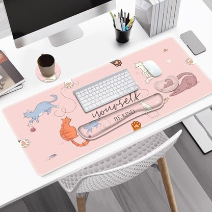 Large Gaming Mouse Pad Set, Pink Cats Ergonomics Keyboard Desk Mat with Memory Foam Wrist Rest, Extended Game Mousepad, Non-Slip Desk Pad Matt Easy Typing Pain Relief I Be Kind to Yourself - color: Be Kind to Yourself