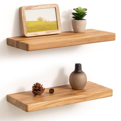 Fun Memories Floating Shelves for Wall, Rustic Wood Floating Shelf for Home Decor, Solid Elm Wood Wall Shelf Heavy-Duty Bracket, Wooden Bathroom Shelves 16 Inches Long Set of 2 - color: Usa-sourced Elm Wood, size: 16"W x 6.7"D