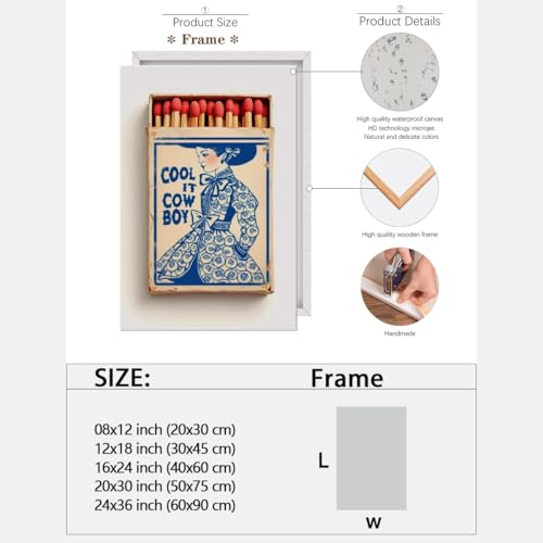 Retro Trendy Wall Art Indigo Blue White Cool It Cowboy Matchbook Poster Canvas Printing Chinoiserie Western Decor Coastal Cowgirl Millennial Dorm Apart Ment Decor 8x12inch Framed - color: style-1-Framed, size: 8"L x 12"W