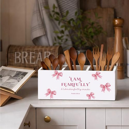 Girls Pink Bow Wooden Desk Organizer | Cute pink bow design; wooden pen and pencil holder keeps study, office, or home desktop supplies organized. - color: Fearfully Made