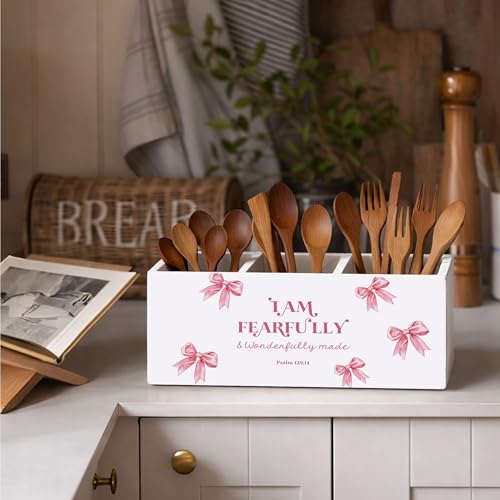 Girls Pink Bow Wooden Desk Organizer | Cute pink bow design; wooden pen and pencil holder keeps study, office, or home desktop supplies organized. - color: Fearfully Made