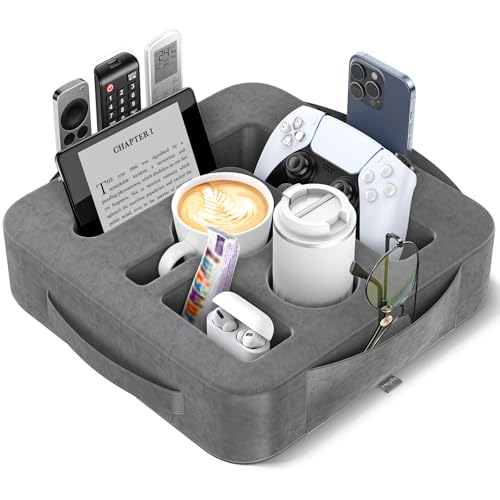 Couch Cup Holder Pillow, Sofa and Bed Caddy for iPad, Kindle, Switch, Game Controller, Remotes, Phones, Small-Sized Cup and Drink Holder for Couch, Bed, Desk, Car, Bathroom Cup Holder, Deep Gray - color: Deep Gray, size: M-13"×13"×3.2"
