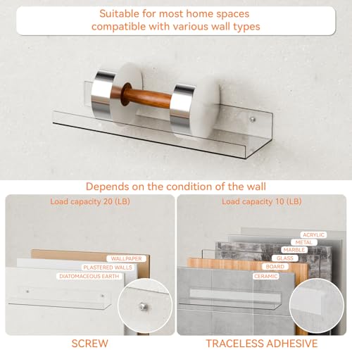 4 Pack Clear Acrylic Shelves for Wall with Adhesive,15 Inch No Drill Floating Shelves for Bathroom,Bedroom,Renter Friendly,Kids Room Bookshelf,Wall Display Shelf for Lego,Funko Pop,Figurine,Perfume - size: 15 Inch - 4 Pack