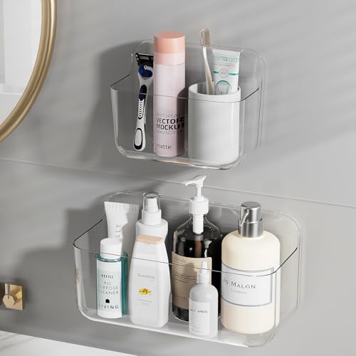 ZEXALOR Wall Mounted Storage Organizer Bins Organizing Shelf Basket Clear Plastic Makeup Organizer Adhesive Hanging Bin Fridge Organizer for Bathroom,Kitchen,Cabinet,Pantry,Countertops (XL+L) - size: Multi-Size Combination Pack