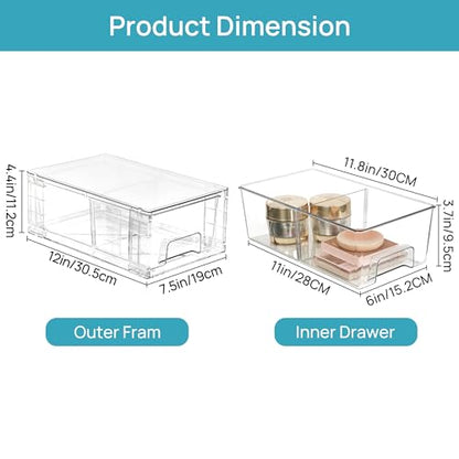 Vtopmart 4 Pack Stackable Storage Drawers,Clear Acrylic Drawer Organizers with Handles, Easily Assemble for Fridge, Bathroom,Kitchen Undersink,Cabinet,Pantry Organization and Storage - size: 4Pack 4.4"H-with Dividers