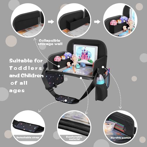 MENZOKЕ Kids Travel Tray, Road Trip Activities for Kids Toddlers | Toddler Car Activities with No-Drop iPad Holder Stand, Roadtrip Essentials with Dry Erase Board & Cooler Cup Holder, Black - color: Black Astronaut