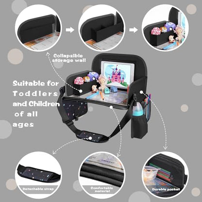 MENZOKЕ Kids Travel Tray, Road Trip Activities for Kids Toddlers | Toddler Car Activities with No-Drop iPad Holder Stand, Roadtrip Essentials with Dry Erase Board & Cooler Cup Holder, Black - color: Black Astronaut