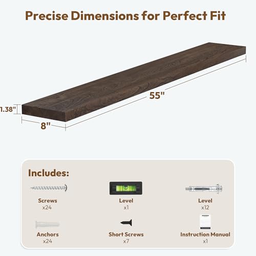 Flat Edge Elm Wood Floating Shelf with Invisible Bracket 55”American Walnut - color: American Walnut, size: 55”,set of 1