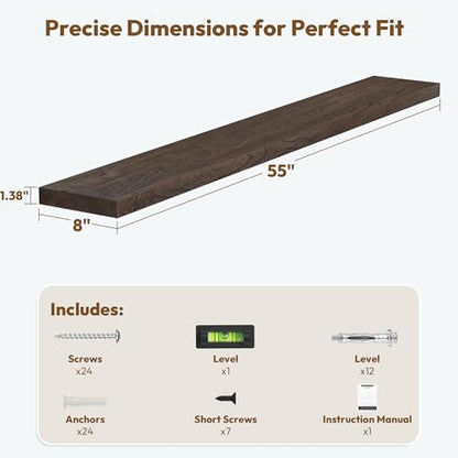 Flat Edge Elm Wood Floating Shelf with Invisible Bracket 55”American Walnut - color: American Walnut, size: 55”,set of 1