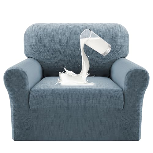 PrinceDeco Waterproof Chair Couch Cover, 100% Dual Waterproof Sofa Cover Washable, Stretch Jacquard Sofa Slipcover, Leakproof Furniture Protector for Kids, Pets (Chair Seat Width 20"-24", Stone Blue) - color: Stoneblue, size: 1 Seat (Seat Width 20"-24")