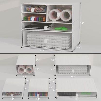 Desk Organizer Set, White & Clear Stackable Dustproof Storage Boxes for Desktop, Office, Bathroom, DIY Craft & Vertical Space Saving, Perfect for Makeup, Stationery Organization (5 Drawer) - size: 5 drawer white & clear