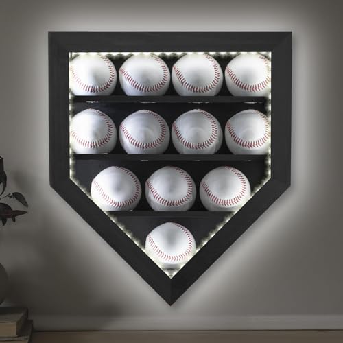 GYaozii LED Baseball Display Case 12 Balls UV Protection Wood Frame | LED Baseball Holder Shadow Box for HD Acrylic Front Wooden Frame for Collecting Autographed Balls Exquisite Souvenirs - size: 12 Baseballs Display Case with Light