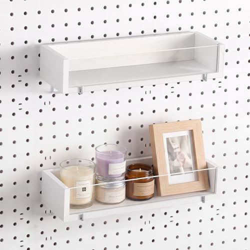 Marsui 2 Pcs Wooden Pegboard Shelf with Acrylic 12.2 x 3.94 Inch White Display Shelves Brackets with Metal Hooks Heavy Duty Pegboard Accessories for Storage and Organization - color: White