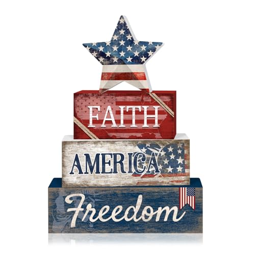 Britimes 4 Pcs Patriotic Independence Day Tiered Tray Decor Set, 4th of July Table Sign Farmhouse Red White Blue Rustic Wooden Block Stack Sign Memorial Day Decorations for Home Office (Star) - style: Star