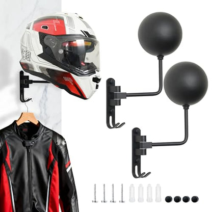 Motorcycle Helmet Holder, 180° Rotating Metal Helmet Hanger, Motorcycle Helmet Display Stand, Helmet Rack with Double Hooks for Bike Coats, Caps, Sportswear, Hats & Motorcycle Gear (2 Pack)