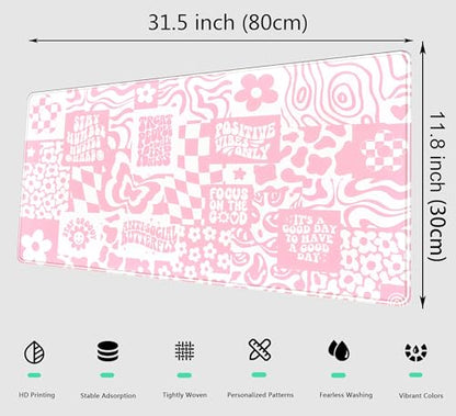 Pink Boho Desk Pad XL Large Gaming Mouse Pad Retro Hippie Boho Desk Mat with Stitched Edges, Non-Slip Rubber Base Mousepad Computer Laptop Keyboard Mouse Mat Desktop Protector Pad 31.5x11.8 in - color: Pink Hippie Boho, size: 31.5" x 11.8"