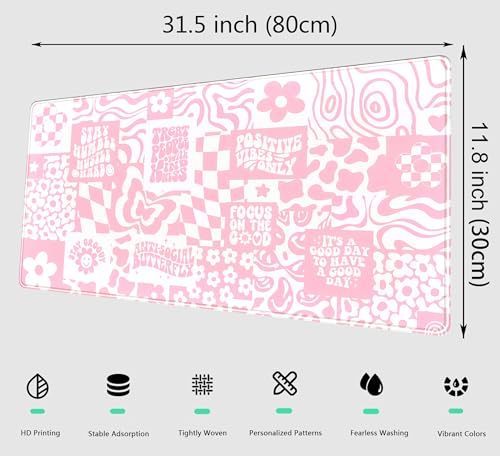 Pink Boho Desk Pad XL Large Gaming Mouse Pad Retro Hippie Boho Desk Mat with Stitched Edges, Non-Slip Rubber Base Mousepad Computer Laptop Keyboard Mouse Mat Desktop Protector Pad 31.5x11.8 in - color: Pink Hippie Boho, size: 31.5" x 11.8"