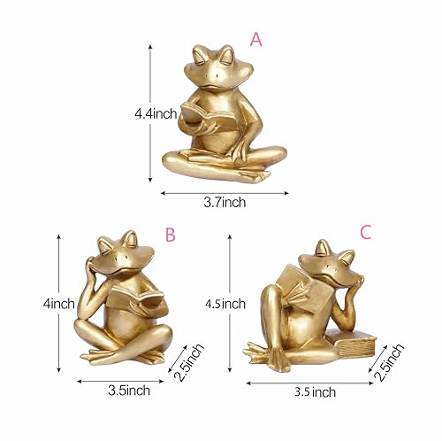 Gold Frog Figurines Set of 3 Funny Frog Gifts for Women Cute Reading Sculptures Stuff Golden Animal Statue for Book Lovers Home Decor Office Shelves Desk Living Room Table Bookshelf Literary Ornaments