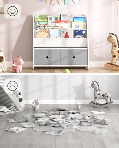 CHOEZON Kids Bookshelf and Toy Storage, 4 Tier Large Capacity Kids Book Rack, Sling Kid Bookcase, for Kids Room, Nursery, Playroom, White and Gray MCW06WT