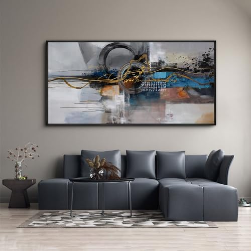 XLSJERST Large Abstract Frame Wall Art - Black and Blue Cnavas Framed Artwork for Walls Modern Minimalist Boho Gray Pictures Wall Decor for Living Room Bedroom Office Home Decoration 24x48 Inches - color: Gold and black grey, size: 24x48 inches
