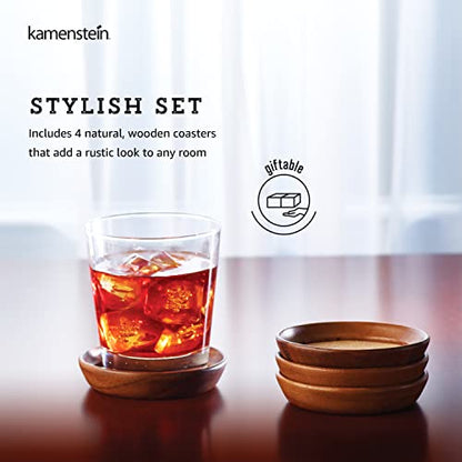 Kamenstein 4-Piece Acacia Wood Coaster Set with Cork Inserts - Drink Coasters Set of 4 with Non-Slip Felt Feet, Absorbent Cork Center, Stackable Storage, Natural Finish
