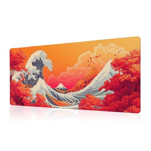 Japanese Sea Wave Mouse Pad Red Desk Mat XL Mouse Gaming Pads, Sea Keyboard Pads Extra Large Desktop Computer Mats with Non-Slip Base & Stitched Edges, Vintage Office Decor 31.5x11.8 - color: Japanese Sea Wave
