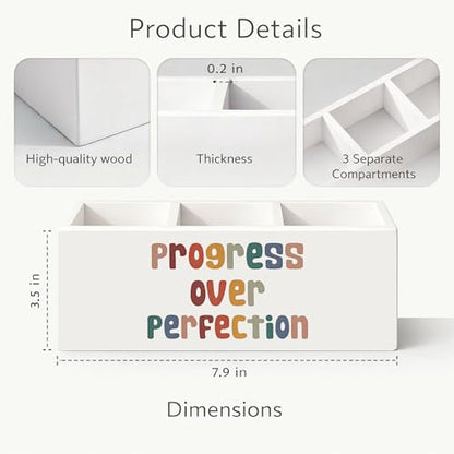 Progress Over Perfection Wooden Pen Holder | Motivational “Progress Over Perfection” design; 3-compartment wooden pencil caddy for office, home, or classroom desk. - color: Progress Over Perfection