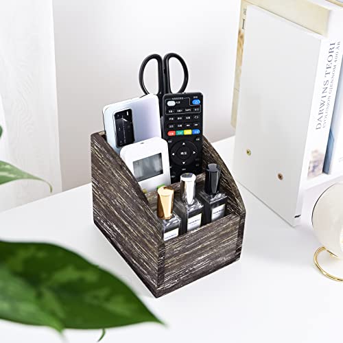 Rustic Brown Wooden Desk Organizer Farmhouse Wood Remote Control Caddy, Vintage 3 Slot Tabletop Desktop Office Supply Storage Rack Desktop TV Remote Control Holder Home Decor Office Supplies Storage - color: Dark Brown1-S
