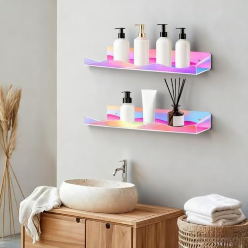 4 Pack Iridescent Acrylic Floating Shelves, 15.7" Clear Acrylic Display Shelves Bookshelf Wall Mounted, Bathroom Kids Room Home Storage Wall Decor Ledge Shelf for Skincare, Perfume, Nail Polish - style: 15.7 inch 4-pack, Iridescent