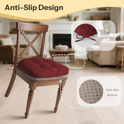 Indoor Kitchen Chair Cushions Set of 4 18"X16.5"X3" Soft Anti Slip Dining Chair Pads Tufted Kitchen Seat Cushion with Ties, Red - color: Red