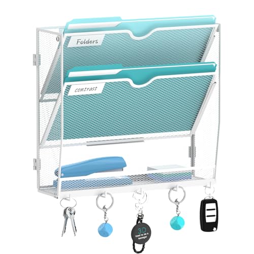 Wall File Organizer - Hanging File Organizer with 5 Hooks, Mail Holder Wall Mounted for Papers, Folders, Magazines, Bills, 3 Tier Office&School Organization, White - color: White, size: 3 Tier