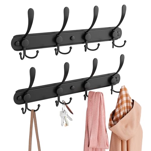 BAKON 2 Pack Coat Rack Wall Mounted, 4 Tri-Hooks | Heavy Duty Metal Black Hook Rail for Coats, Towels, Robes | Bathroom, Entryway, Mudroom Organizer - color: Black, size: 2Pack-4 Hook