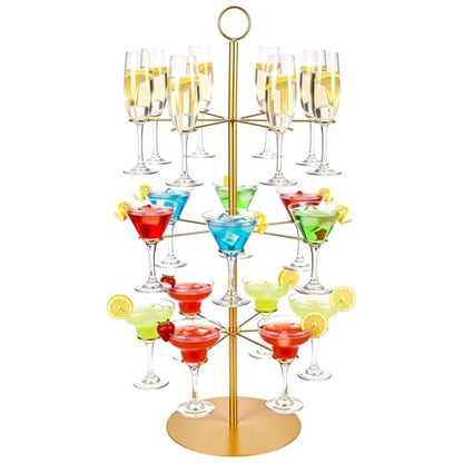 Cocktail Tree Stand for Drinks Wine Champagne Glass Tower for Parties, 3 Tiers 18 Holders Bar Wedding Metal Wine Glass Display Holder for Martinis Margarita Cups(Gold,Round Bottom,1 Pcs) - color: Gold