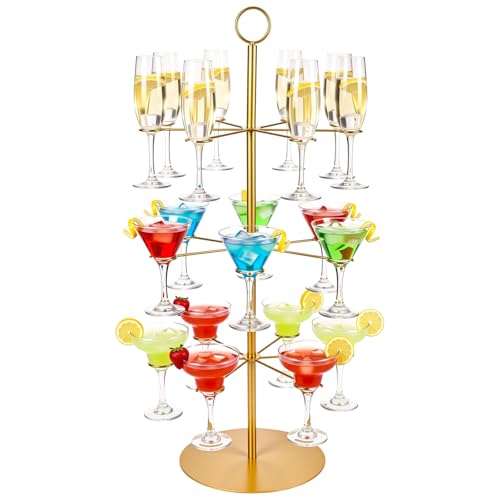 Cocktail Tree Stand for Drinks Wine Champagne Glass Tower for Parties, 3 Tiers 18 Holders Bar Wedding Metal Wine Glass Display Holder for Martinis Margarita Cups(Gold,Round Bottom,1 Pcs) - color: Gold